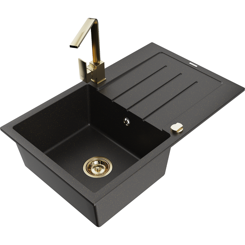 Mexen Bruno lavello in granito 1-vasca con gocciolatoio e rubinetto da cucina Rita, nero/oro metallizzato - 6513-75-670300-50
