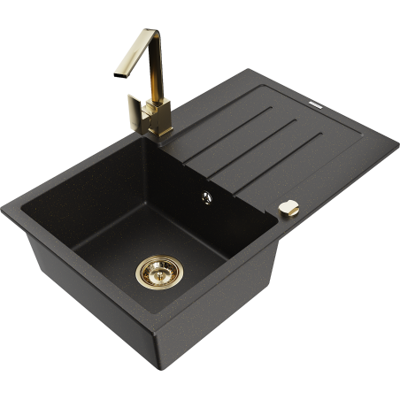 Mexen Bruno fregadero de granito de 1 seno con escurridor y grifo de cocina Rita, negro/oro metálico - 6513-75-670300-50