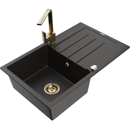 Mexen Bruno granitā izlietne ar vienu kameru, ar notekpaplāti un virtuves jaucējkrānu Rita, melna/zeltains metālisks