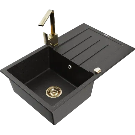 Mexen Bruno Granitspüle 1-Becken mit Abtropffläche und Küchenarmatur Rita, schwarz/gold metallic - 6513-75-670300-50