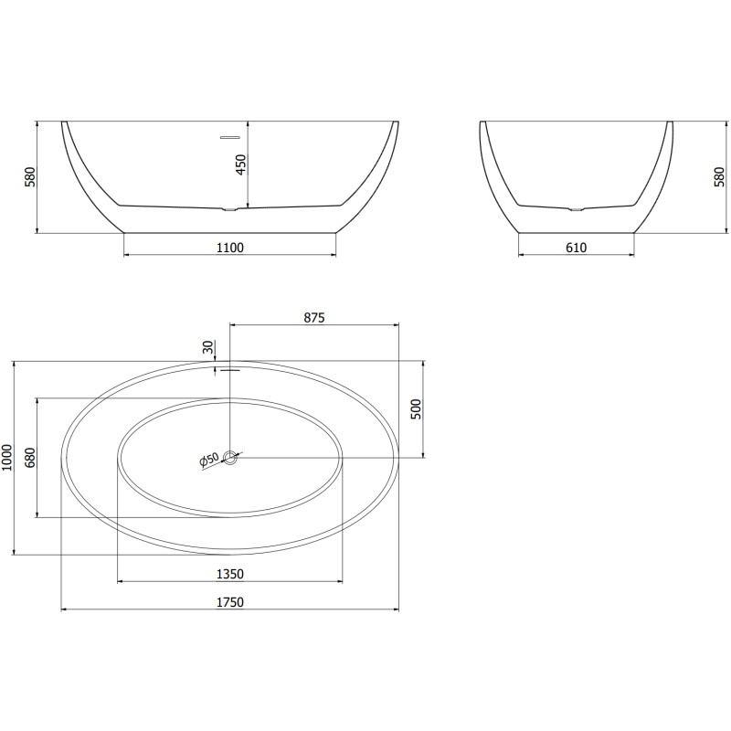 Mexen Nike eraldiseisev vann 175 x 100 cm, valge/must, kroom ülevool - 54071751075-01