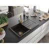 Mexen Bruno 1-bowl granite sink with drainer and Rita kitchen tap, black/gold metallic - 6513-75-670300-50