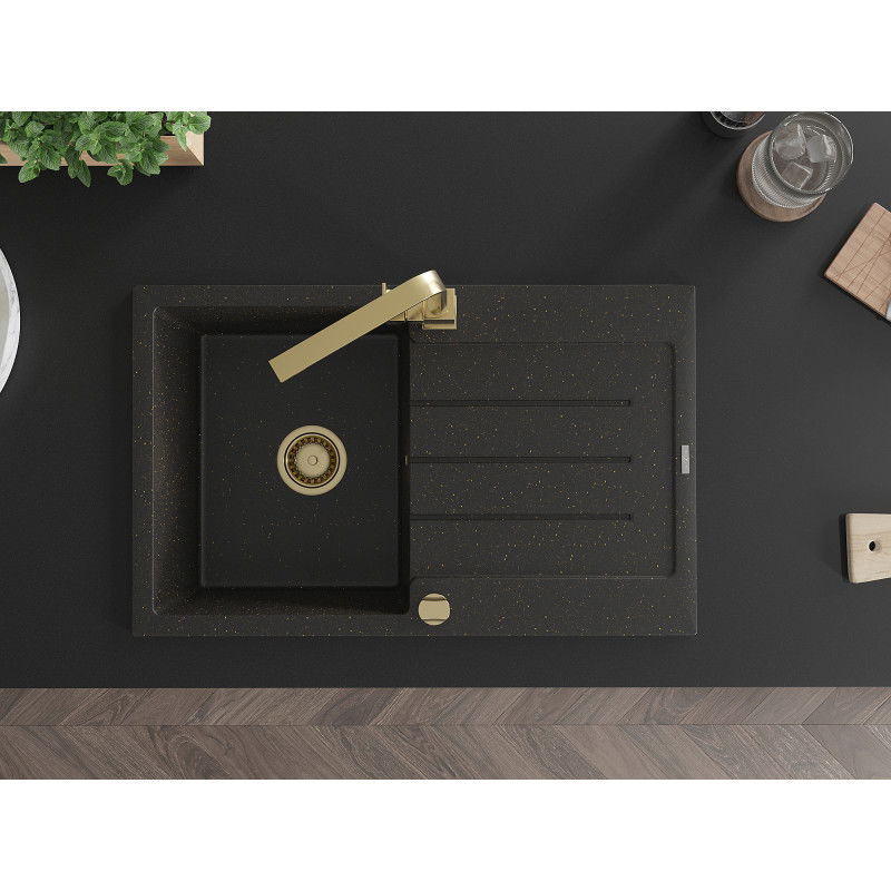 Mexen Bruno granitische spoelbak met 1 bak, druiprek en keukenmengkraan Rita, zwart/goud metallic - 6513-75-670300-50