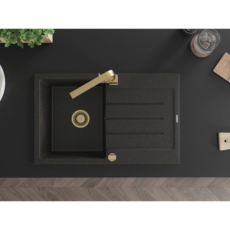Mexen Bruno Granitspüle 1-Becken mit Abtropffläche und Küchenarmatur Rita, schwarz/gold metallic - 6513-75-670300-50