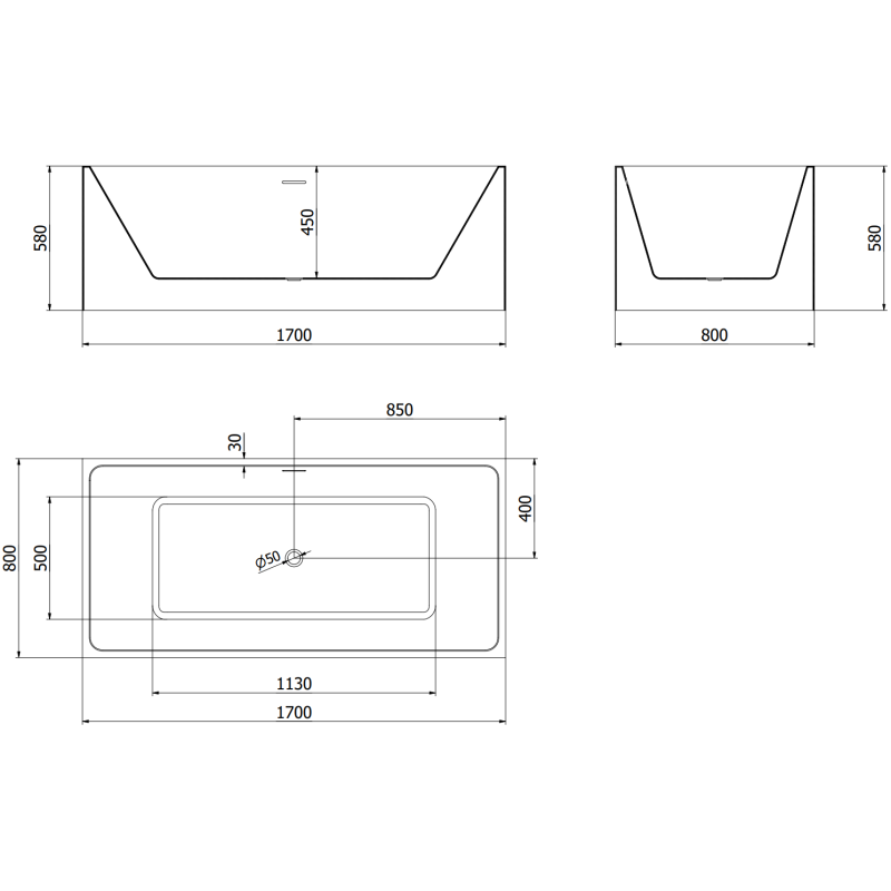 Mexen Nita vrijstaande badkuip 170 x 80 cm, wit/zwart, overloop gun gray geborsteld - 52091708075-66