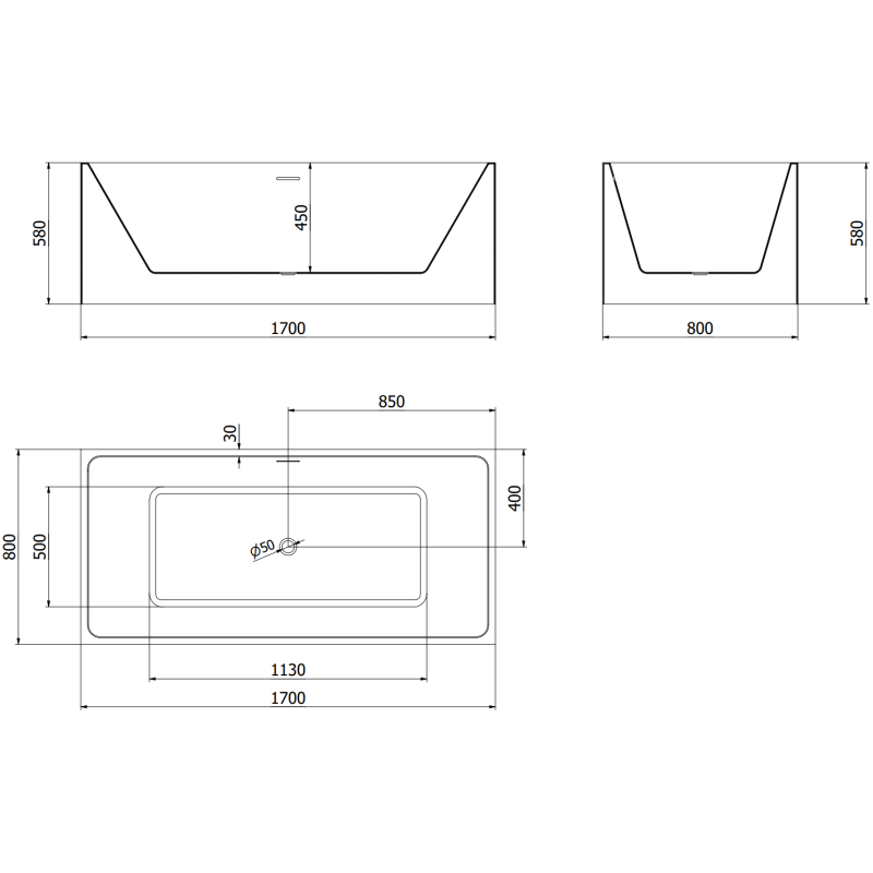 Mexen Nita ελεύθερη μπανιέρα 170 x 80 cm, λευκή/μαύρη, υπερχείλιση χρώμιο