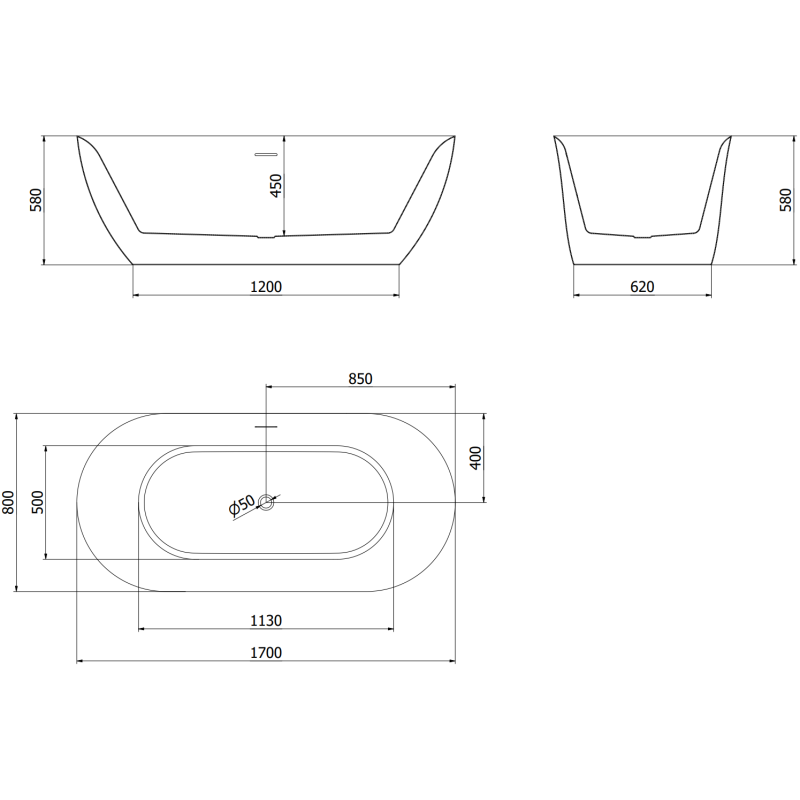 Mexen Roxy baignoire autoportante 170 x 80 cm, blanche, trop-plein nickel brossé - 51201708000-97
