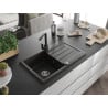 Mexen Bruno granite kitchen sink 1-chamber with drainer and Rita kitchen tap, black/silver metallic - 6513-73-670300-70