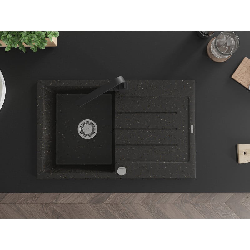 Mexen Bruno granite kitchen sink 1-chamber with drainer and Rita kitchen tap, black/silver metallic - 6513-73-670300-70