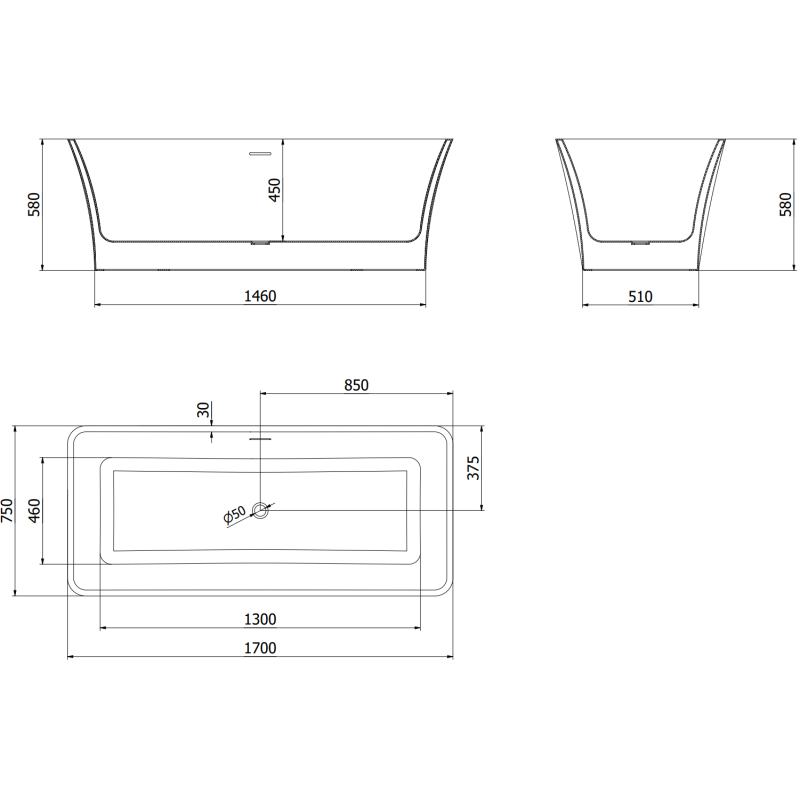 Mexen Tonia 170 x 75 cm Freestanding Bath, White, Rose Gold Overflow - 52171707500-60
