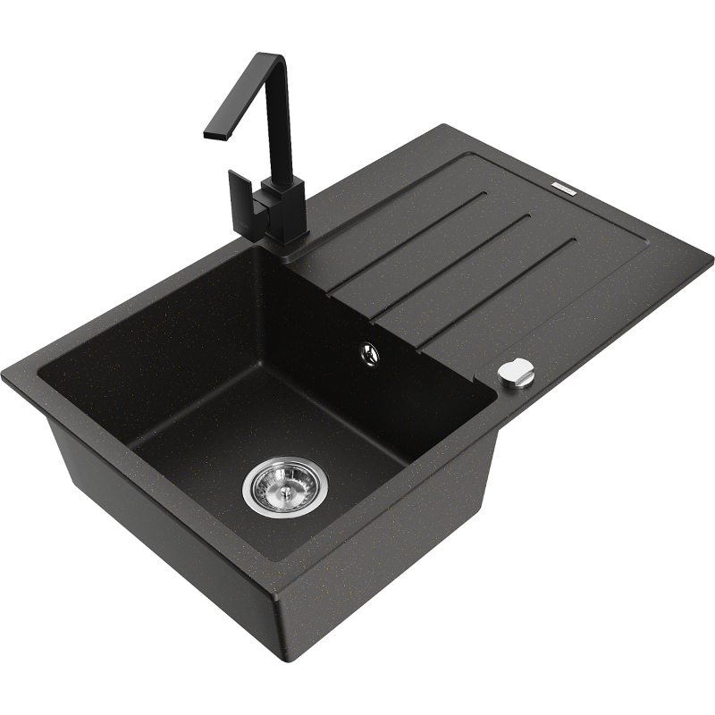 Mexen Bruno granite kitchen sink 1-chamber with drainer and Rita kitchen tap, black/silver metallic - 6513-73-670300-70