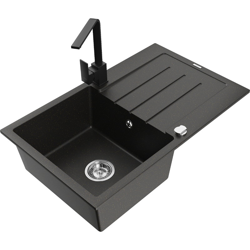Mexen Bruno Granitspüle ein Becken mit Abtropffläche und Küchenarmatur Rita, schwarz/silber metallic - 6513-73-670300-70