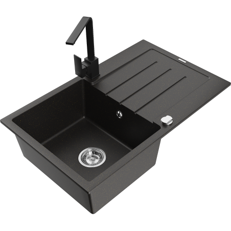 Mexen Bruno granite kitchen sink 1-chamber with drainer and Rita kitchen tap, black/silver metallic - 6513-73-670300-70