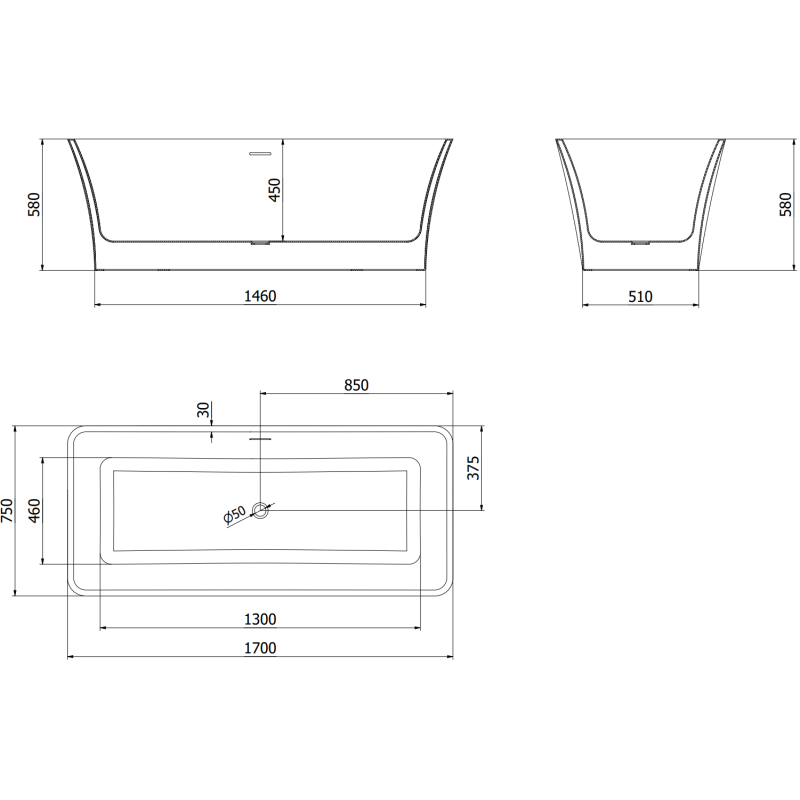 Mexen Tonia freestanding bath 170 x 75 cm, white/black, overflow rose gold - 52171707575-60