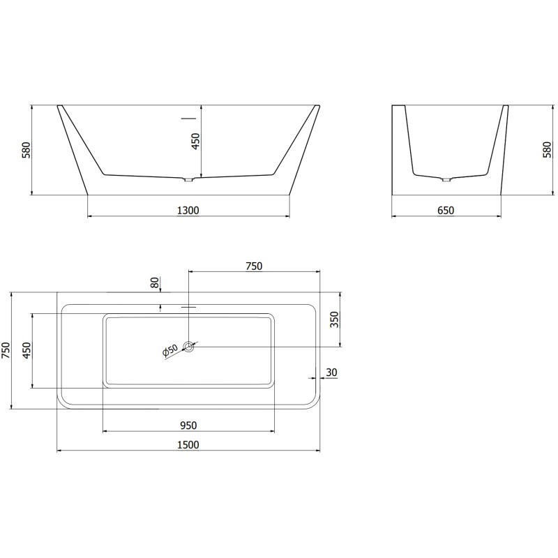 Mexen Volta vaba seisev seinavann 150 x 75 cm, valge, harjatud vask ülevool - 51131507500-65