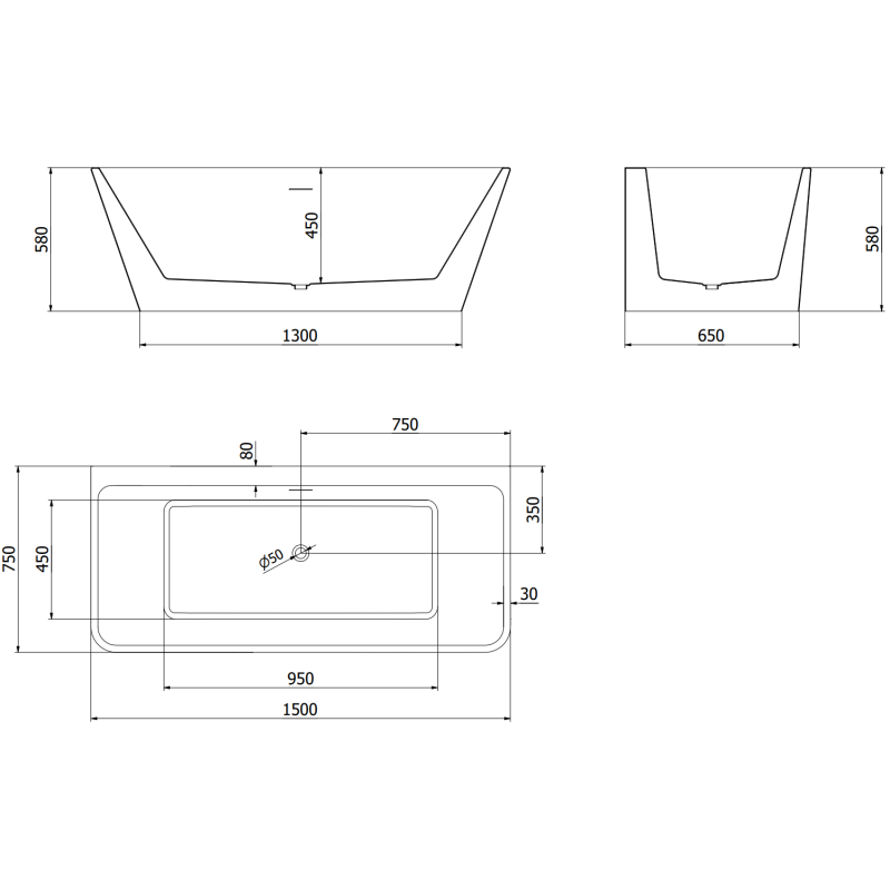 Mexen Volta freistehende an Wand montierte Badewanne 150 x 75 cm, weiß/schwarz, Überlauf gun gray gebürstet - 51131507575-66