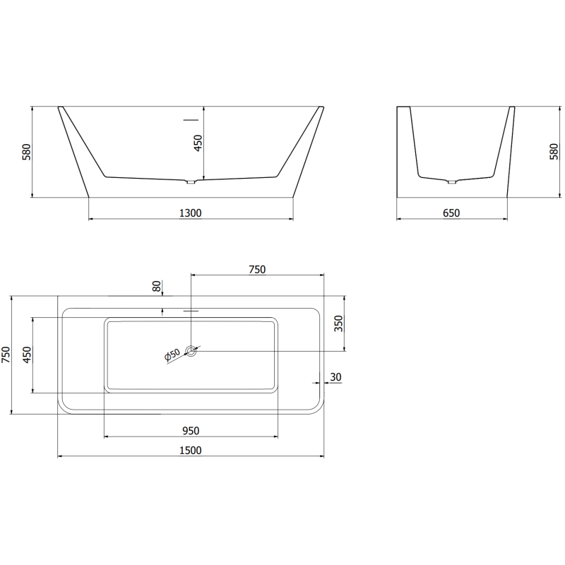 Mexen Volta vrijstaande wandbad 150 x 75 cm, wit/zwart, zwarte overloop - 51131507575-70