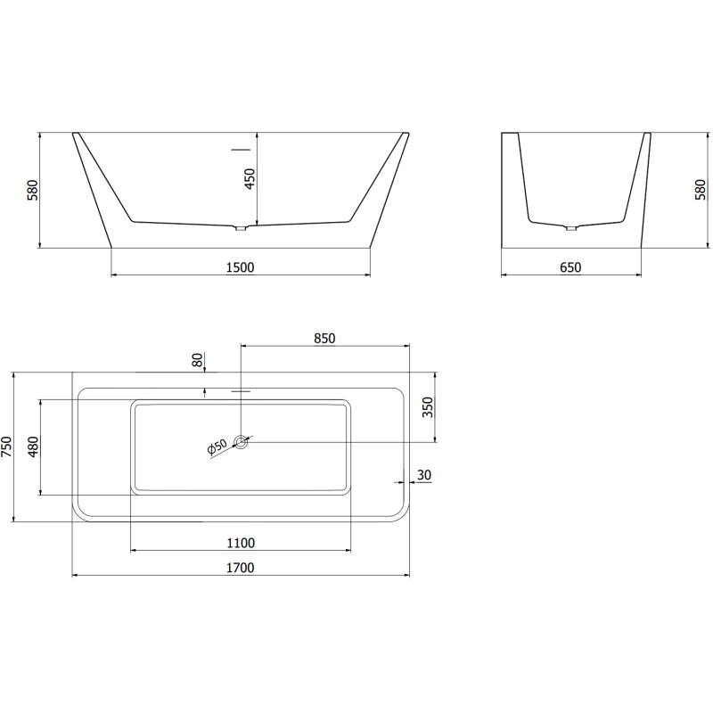 Mexen Volta bañera independiente adosada 170 x 75 cm, blanca, rebosadero dorado - 51131707500-50