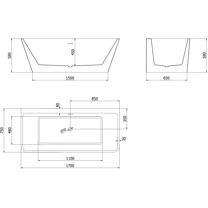 Mexen Volta freestanding wall-mounted bath 170 x 75 cm, white/black, gold overflow - 51131707575-50