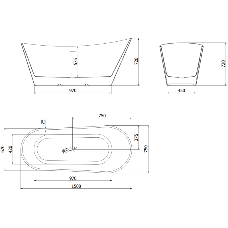 Mexen Dora freestanding bathtub 150 x 75 cm, white/black, white overflow - 52071507575-20