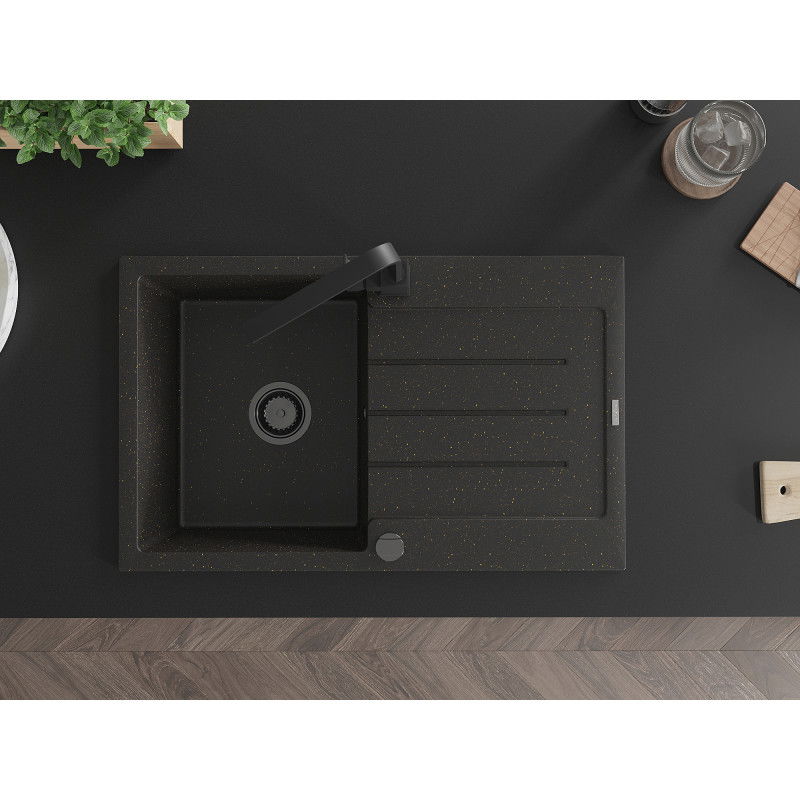 Mexen Bruno granit diskho med 1 fack med avrinning och köksblandare Rita, svart/guld metallisk - 6513-75-670300-70-B