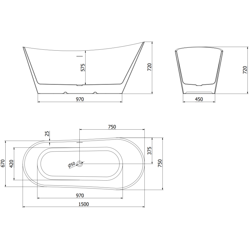 Mexen Dora freistehende Badewanne 150 x 75 cm, weiß/schwarz, Überlauf gebürsteter Nickel - 52071507575-97