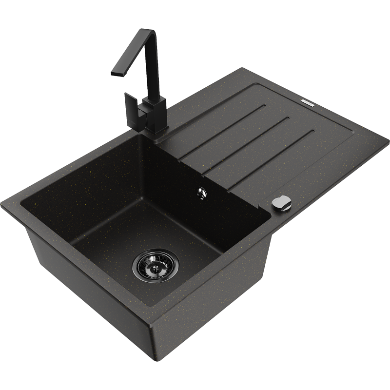 Mexen Bruno granieten gootsteen 1-komers met afdruiprek en keukenmengkraan Rita, zwart/goud metallic - 6513-75-670300-70-B