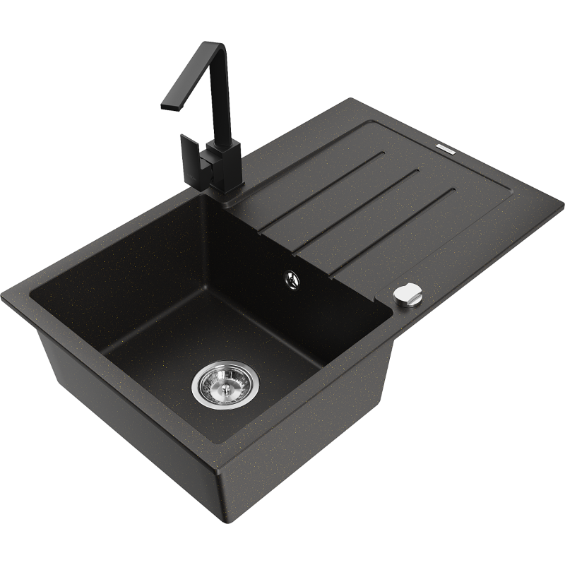 Mexen Bruno 1-Bowl Granite Sink with Drainer and Rita Kitchen Tap, Black/Gold Metallic - 6513-75-670300-70