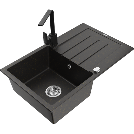 Mexen Bruno 1-Bowl Granite Sink with Drainer and Rita Kitchen Tap, Black/Gold Metallic - 6513-75-670300-70