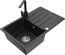 Mexen Bruno fregadero de granito de 1 seno con escurridor y grifo de cocina Rita, negro/dorado metálico - 6513-75-670300-70