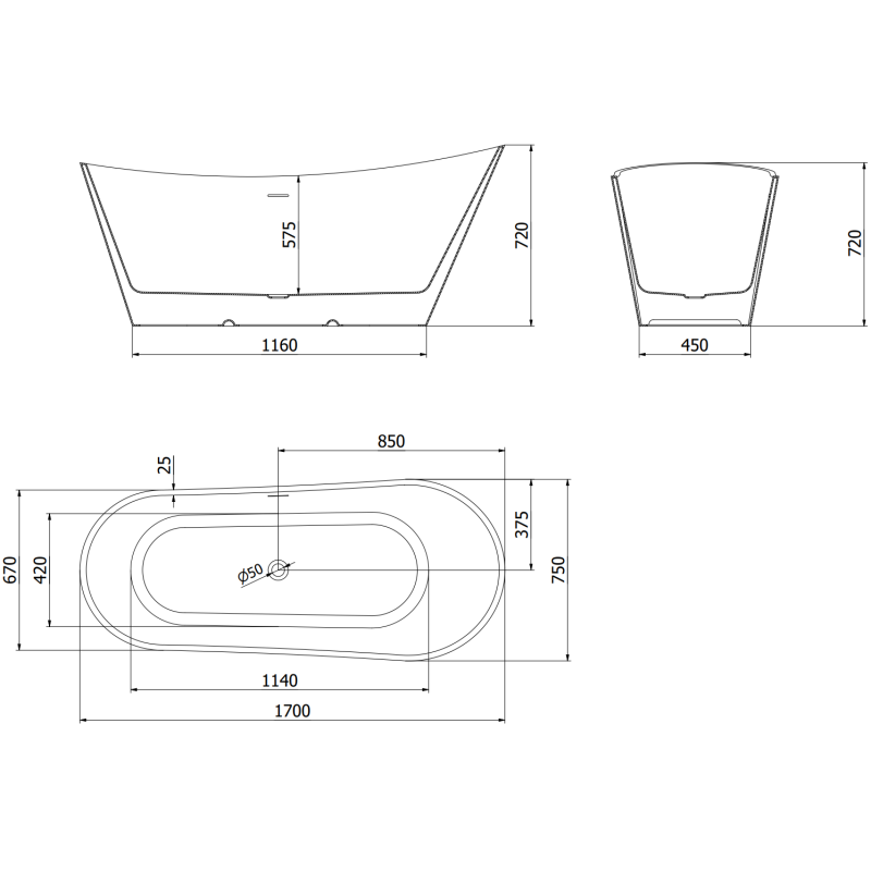 Mexen Dora freistehende Badewanne 170 x 75 cm, weiß, Überlauf gun gray gebürstet - 52071707500-66