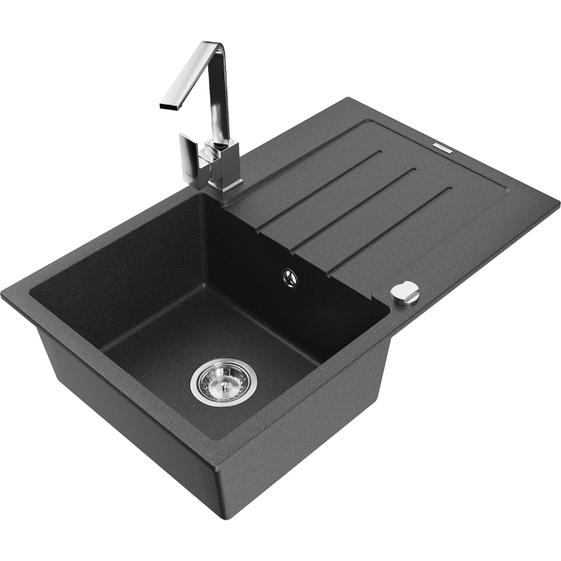 Mexen Bruno fregadero de granito de 1 cubeta con escurridor y grifo de cocina Rita, negro moteado - 6513-76-670300-00