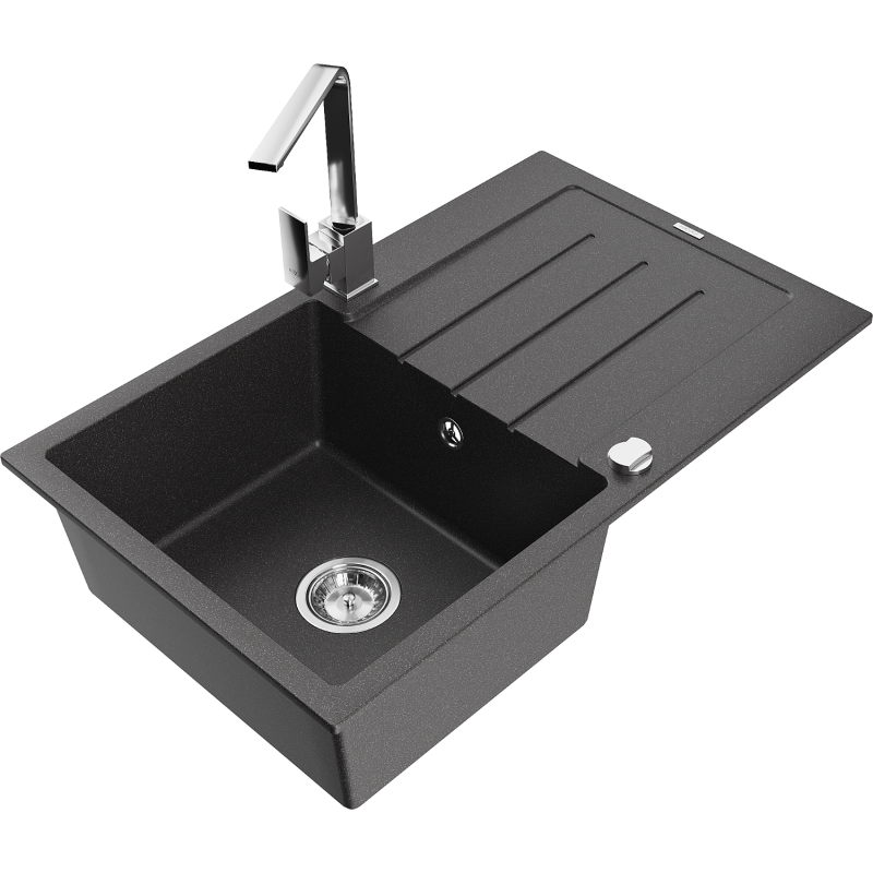 Mexen Bruno granite sink 1-bowl with drainer and Rita kitchen tap, speckled black - 6513-76-670300-00