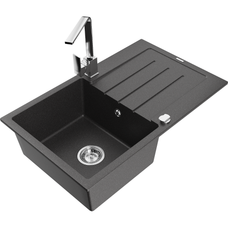 Mexen Bruno granite sink 1-bowl with drainer and Rita kitchen tap, speckled black - 6513-76-670300-00
