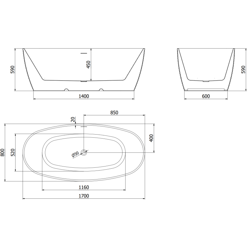 Mexen Lira freestanding bath model 170 x 80 cm, white/black, white overflow- 52831708075-20