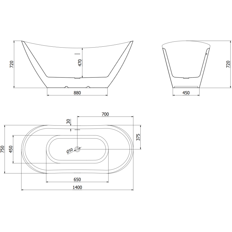 Mexen Lotos baignoire autoportante 140 x 75 cm, blanche/noire, trop-plein or brossé - 52051407775-55