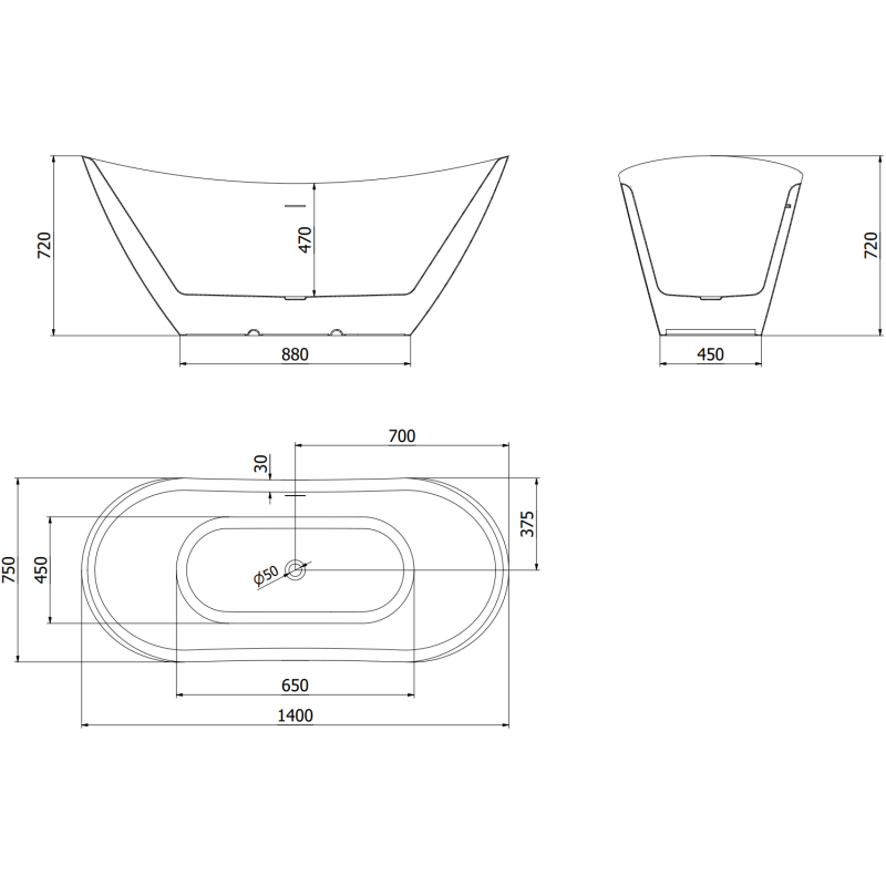 Mexen Lotos stoječa kopalna kad 140 x 75 cm, bela/črna, preliv gun metal - 52051407775-95