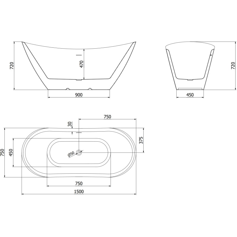 Mexen Lotos eraldiseisev vann 150 x 75 cm, valge, ülevool gun metal - 52051507700-95