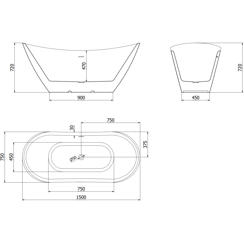 Mexen Lotos vapaasti seisova kylpyamme 150 x 75 cm, valkoinen/musta, harjattu kupari - 52051507775-65