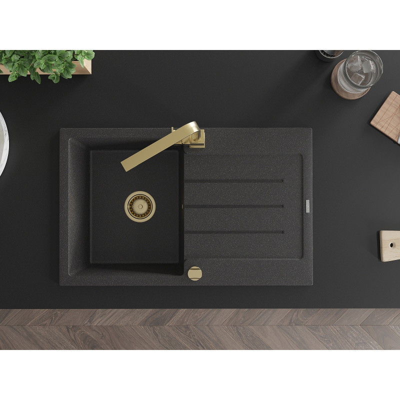 Mexen Bruno fregadero de granito de 1 seno con escurridor y grifo de cocina Rita, negro moteado - 6513-76-670300-50