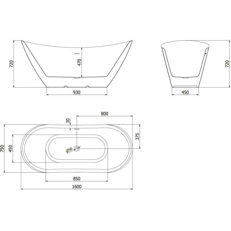Mexen Lotos freestanding bathtub 160 x 75 cm, white, white overflow - 52051607700-20