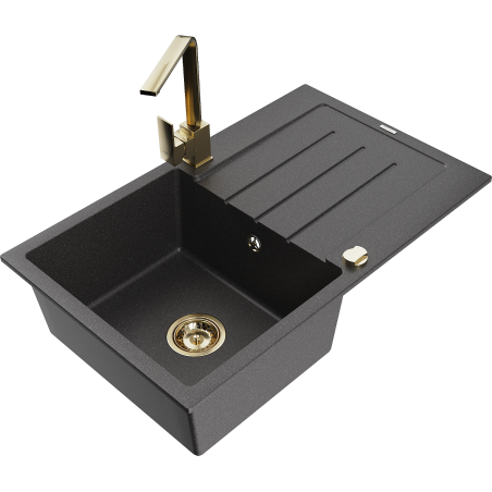 Mexen Bruno fregadero de granito de 1 cubeta con escurridor y grifo de cocina Rita, negro moteado - 6513-76-670300-50