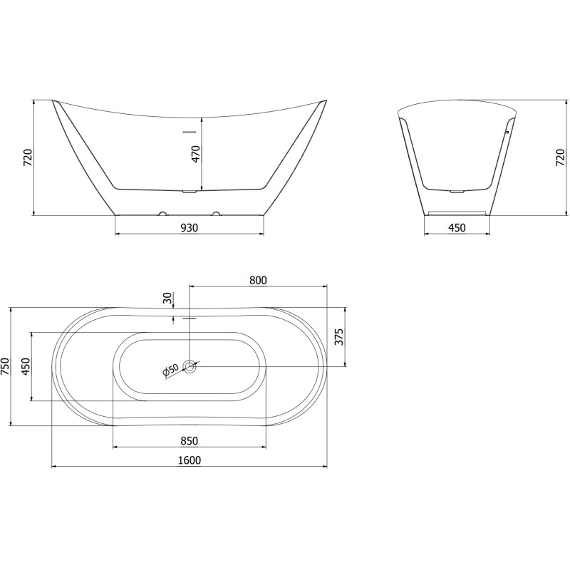 Mexen Lotos eraldiseisev vann 160 x 75 cm, valge/must, ülevool gun metal - 52051607775-95