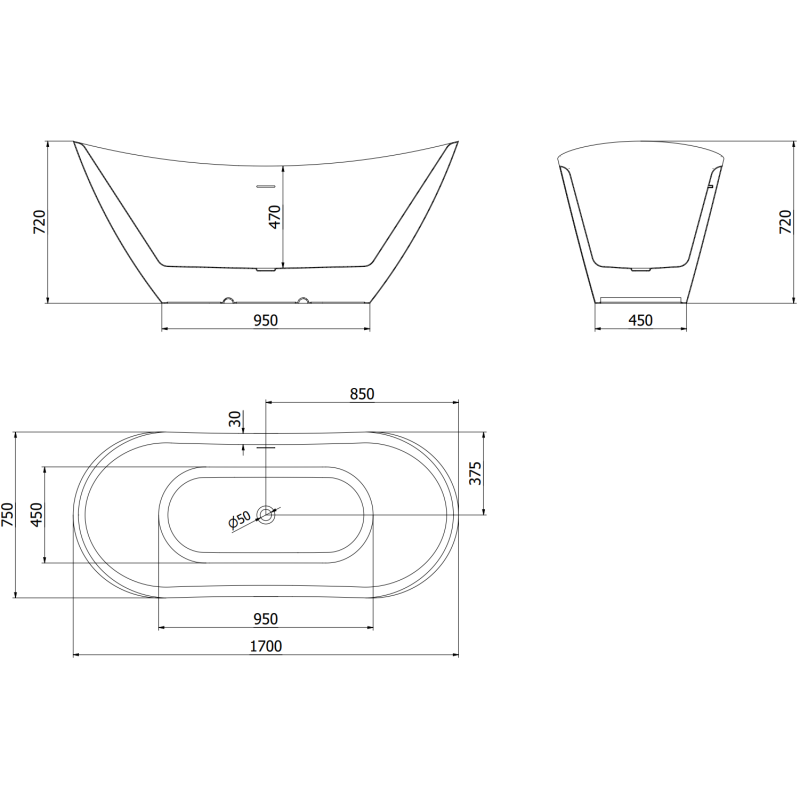 Mexen Lotos baignoire autoportante 170 x 75 cm, blanc/noir, trop-plein chrome - 52051707775-01