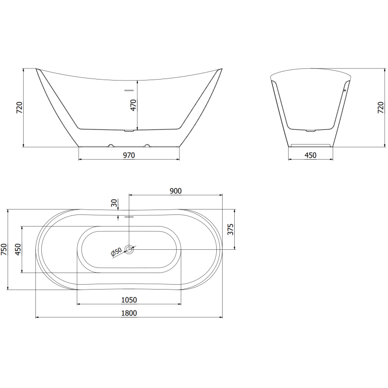 Mexen Lotos baignoire autoportante 180 x 75 cm, blanche, trop-plein noir - 52051807700-70