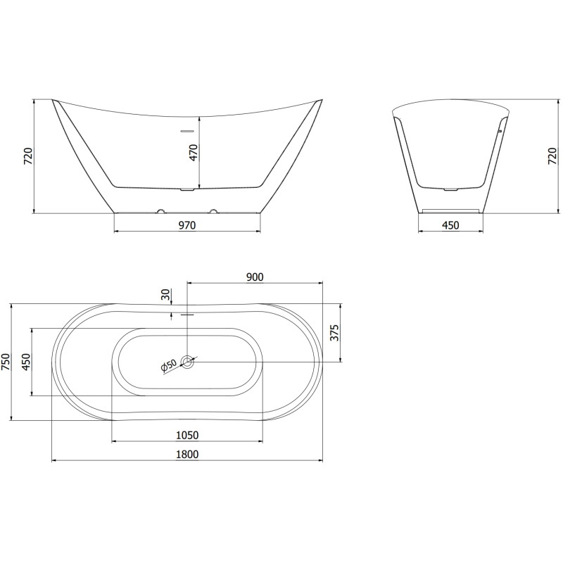 Mexen Lotos vaba seisev vann 180 x 75 cm, valge, must ülevool - 52051807700-70