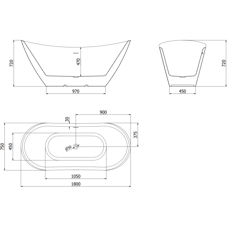 Mexen Lotos baignoire autoportante 180 x 75 cm, blanc/noir, trop-plein brossé doré - 52051807775-55