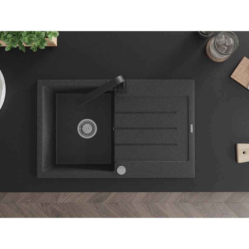 Mexen Bruno granite kitchen sink 1-bowl with drainer and Rita kitchen tap, black speckled - 6513-76-670300-70