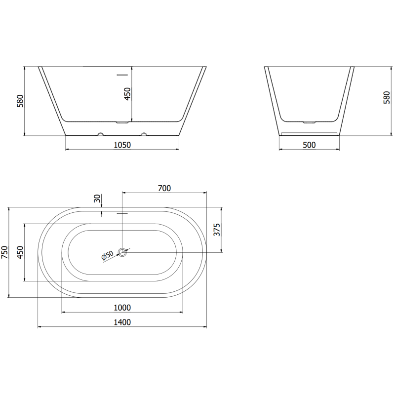 Mexen Luna 140 x 75 cm Freestanding Bathtub, White, White Overflow - 52031407500-20