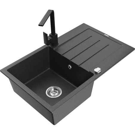 Mexen Bruno granite kitchen sink 1-bowl with drainer and Rita kitchen tap, black speckled - 6513-76-670300-70